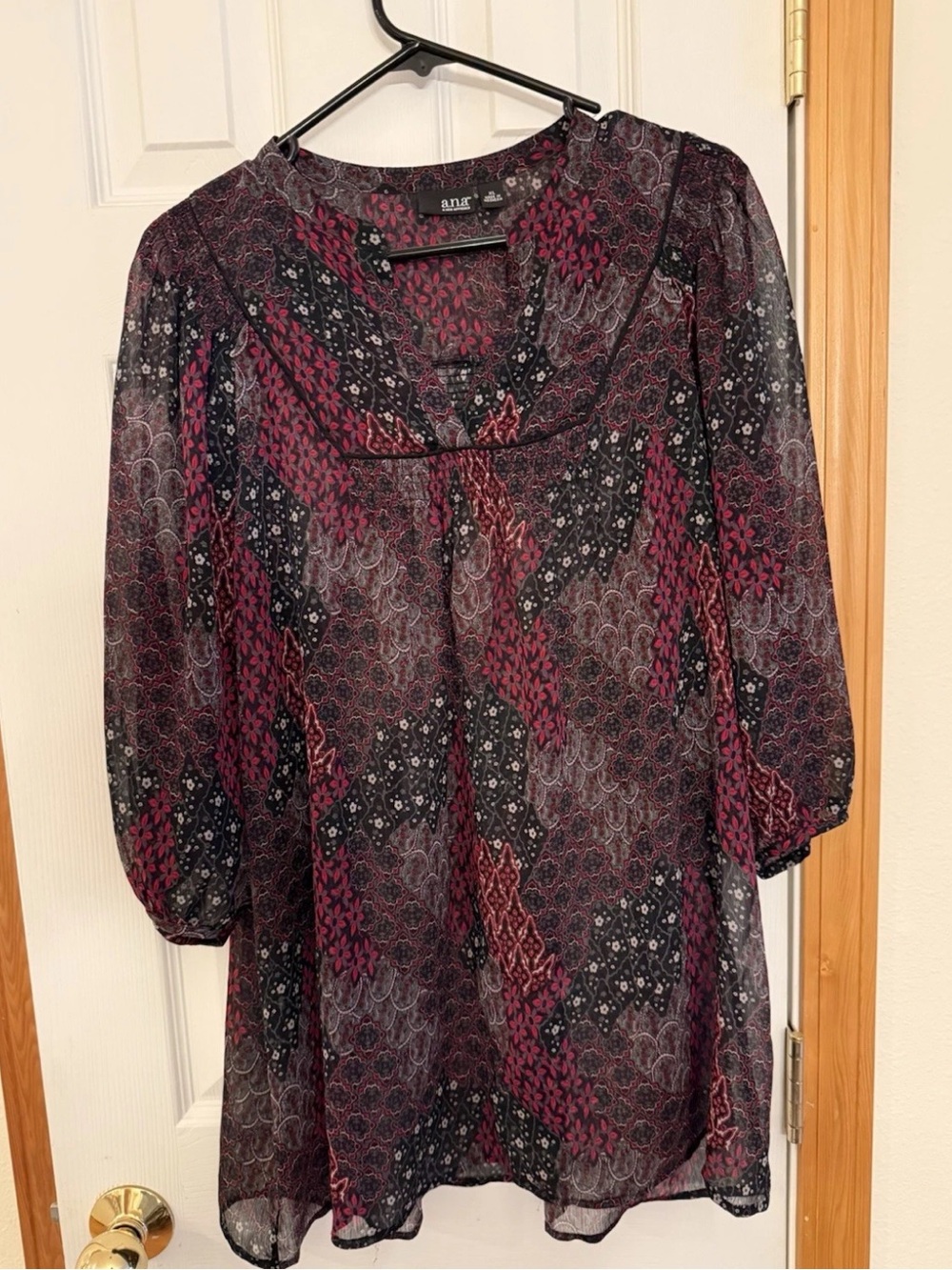 a.n.a Ana Sheer Tunic Blouse V-Neck SZ XL Puff Long Sleeve Multicolor Long EXC